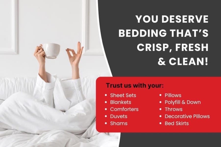 Bedding items Clothesline Cleaners can clean including sheets, blankets, comforters, duvets, shams, pillows, throws, and bed skirts