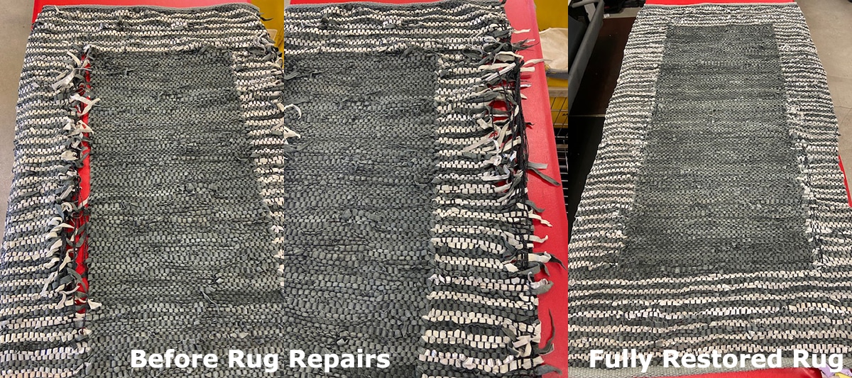 Before and after leather area rug repair by Clothesline Cleaners