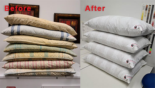 Before and after pillow cleaning and pillow remake by Clothesline Cleaners