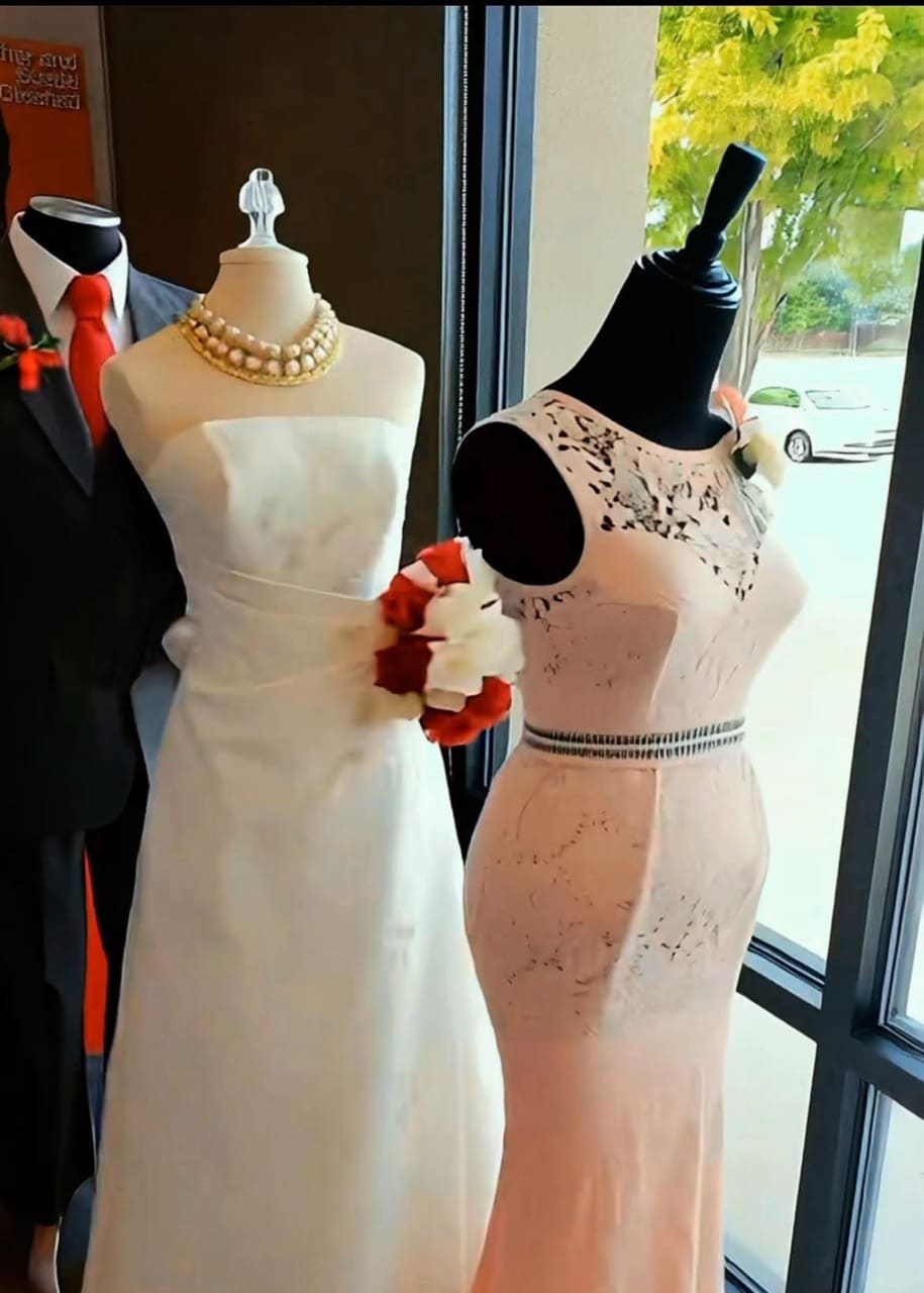 Bridal and formalwear display at Clothesline Cleaners