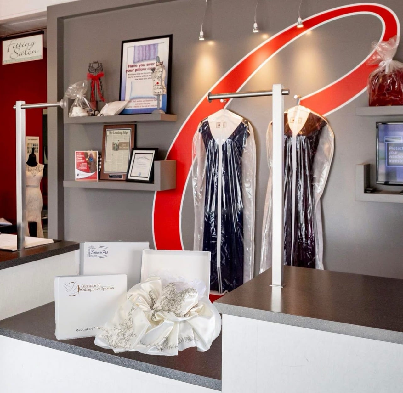 Wedding gown preservation display at Clothesline Cleaners with MuseumCare preservation materials