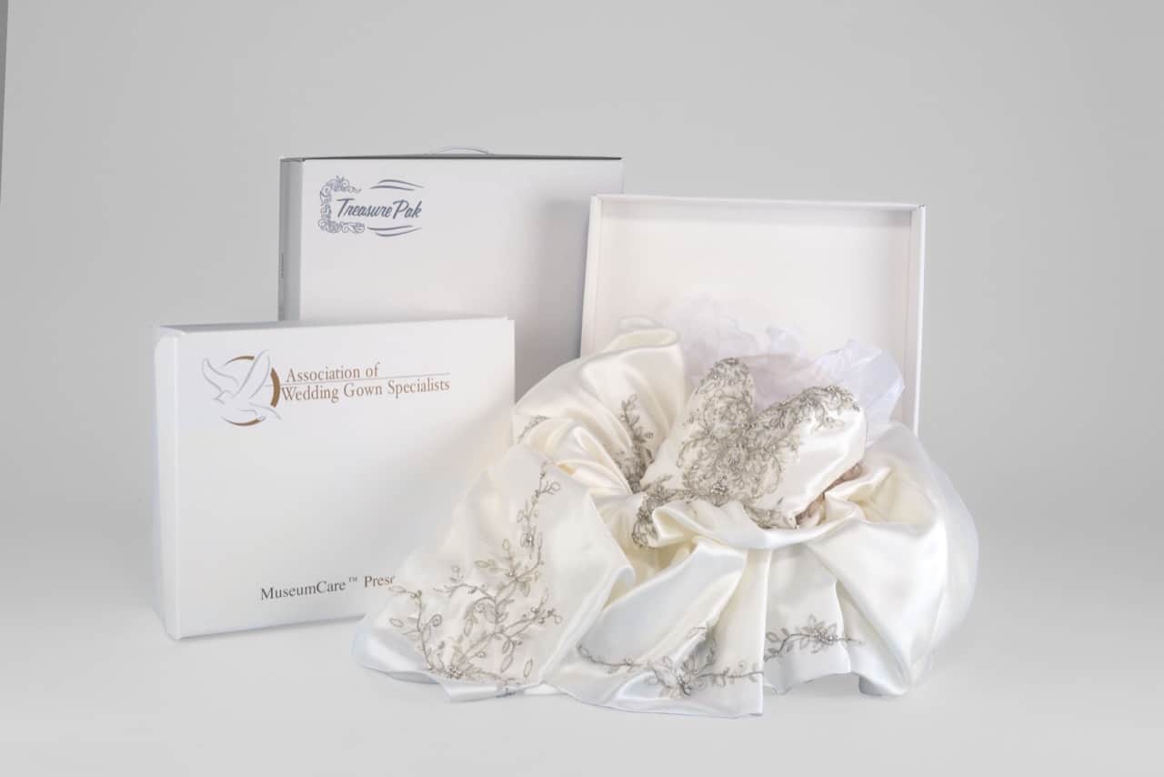 MuseumCare wedding gown preservation chest with a preserved wedding gown for long-term storage