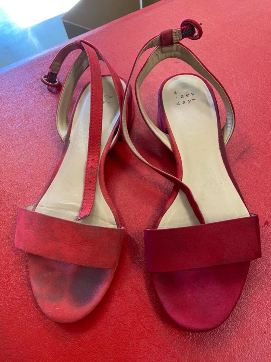 Red suede heels before and after cleaning